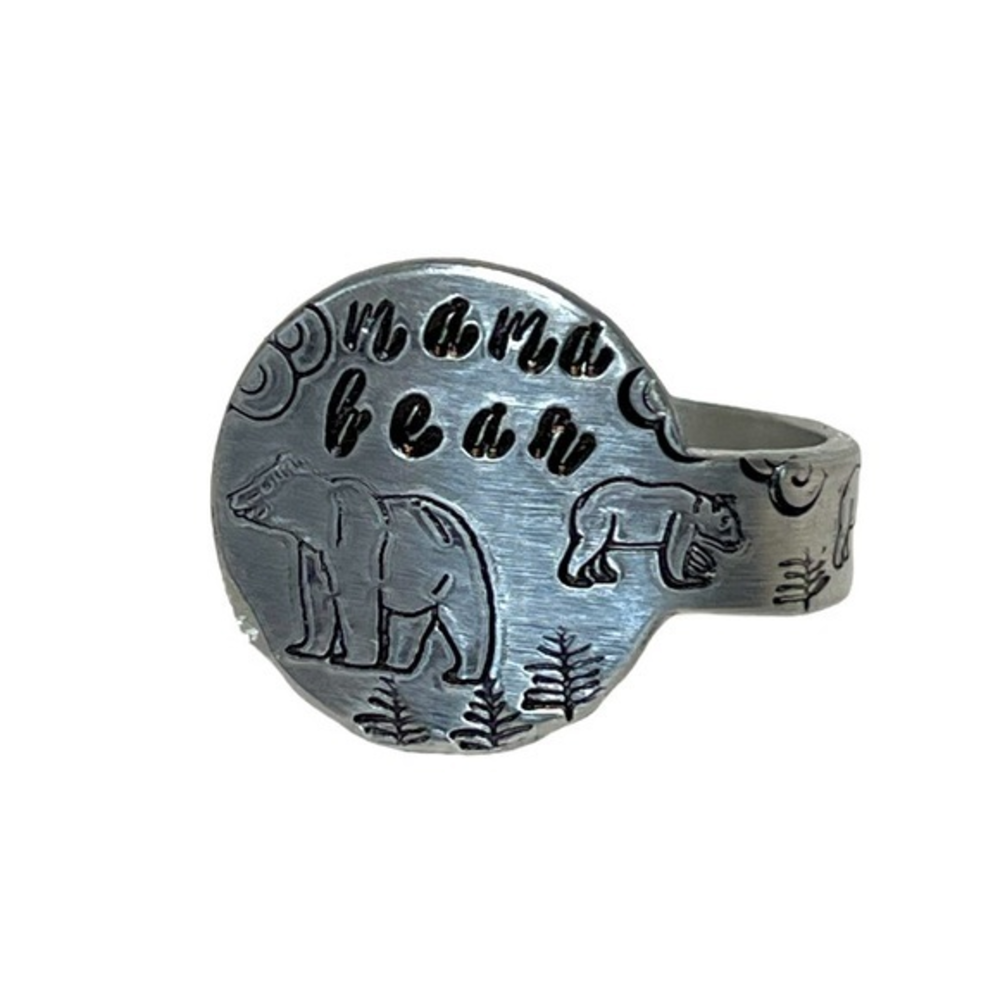 Handmade 8/9 stamped Mama Bear silver adjustable hypoallergenic medallion ring